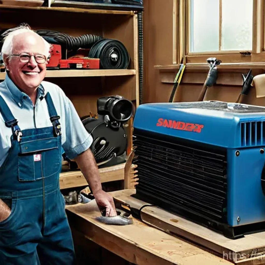 에어공구 사용자 리뷰 모음 - **Prompt:** A bustling, modern workshop bathed in warm, natural light. In the center, a confident ma...