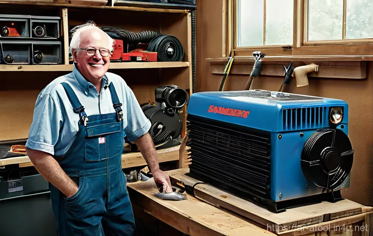 에어공구 사용자 리뷰 모음 - **Prompt:** A bustling, modern workshop bathed in warm, natural light. In the center, a confident ma...