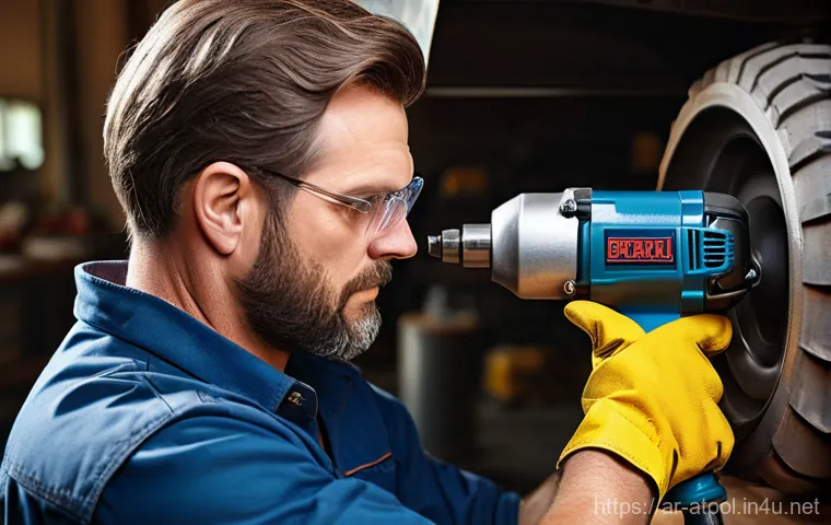 에어공구 전문가 리뷰 - **Professional Craftsman Using an Air Impact Wrench:** A close-up, photorealistic image of a skilled...