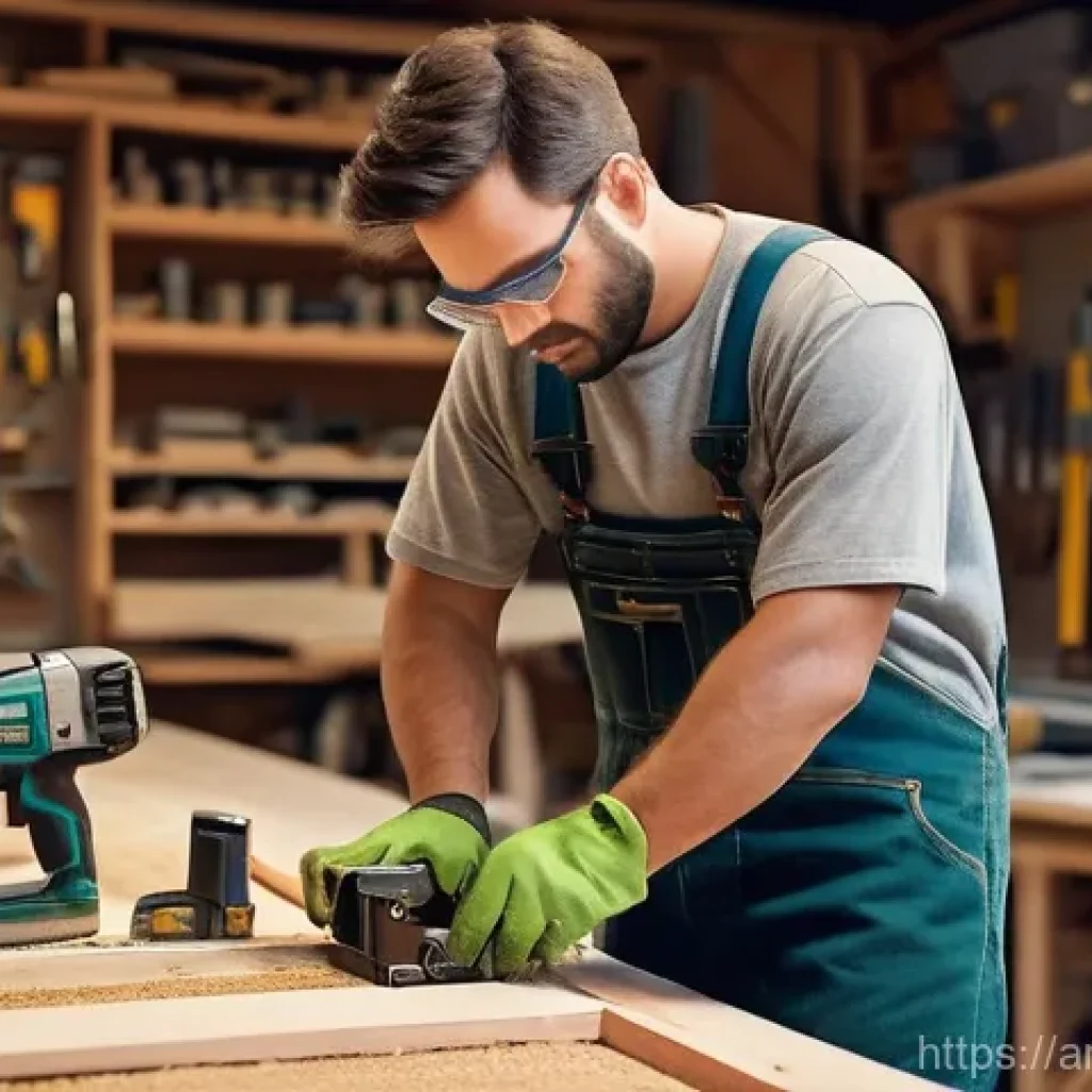 에어공구 대여 가능 여부 - **Prompt:** A skilled male carpenter, approximately 30 years old, with short, neat hair and a focuse...