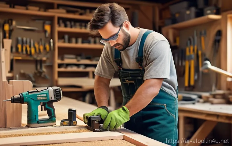 에어공구 대여 가능 여부 - **Prompt:** A skilled male carpenter, approximately 30 years old, with short, neat hair and a focuse...
