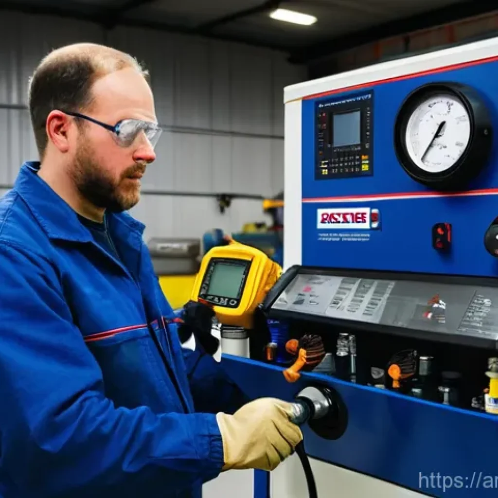 에어공구 사용 후 관리 방법 - **Prompt 1: The Precision Technician and Air Quality Check**
"A clean, brightly lit, modern work...